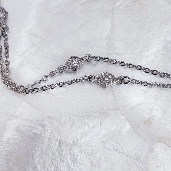 Art Deco Style NY Tag Silver Tone Diamond Shape CZ Double Chain Necklace 15.5” - Picture 9 of 10
